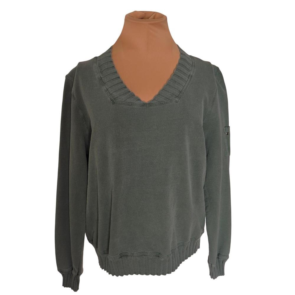 Hot Cotton by Marc Ware V-Neck Sweatshirt Olive Green Ribbed Neck Small USA Made